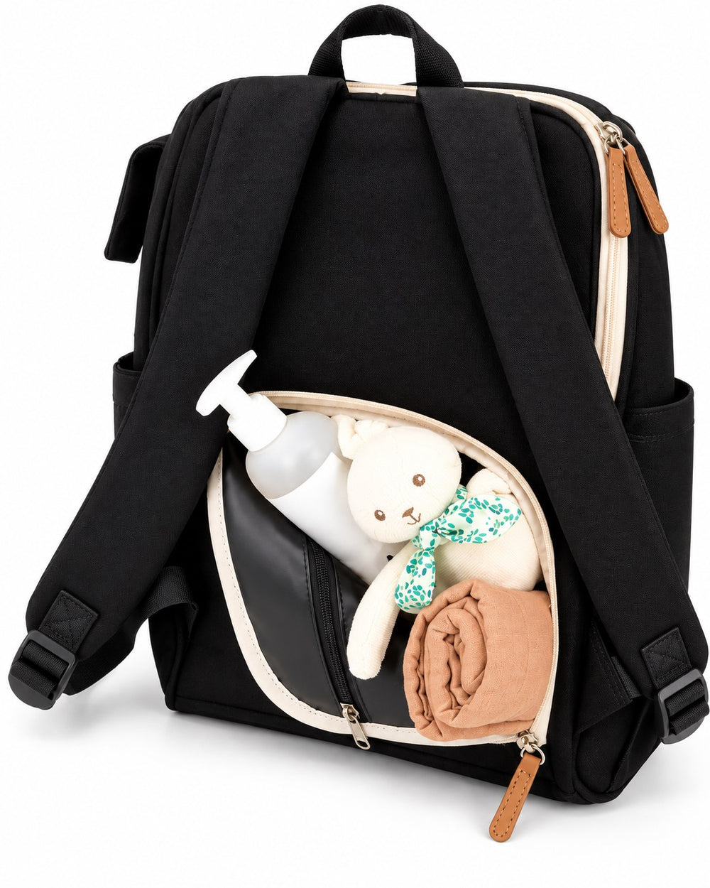 Poche arrière du sac à langer PawBaby avec doudou, lange et flacon